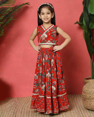 Red Floral Lehenga Choli Set Wrap Style Sleeveless Design