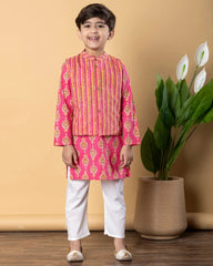 Pink Ethnic Kurta Set with Striped Nehru Jacket