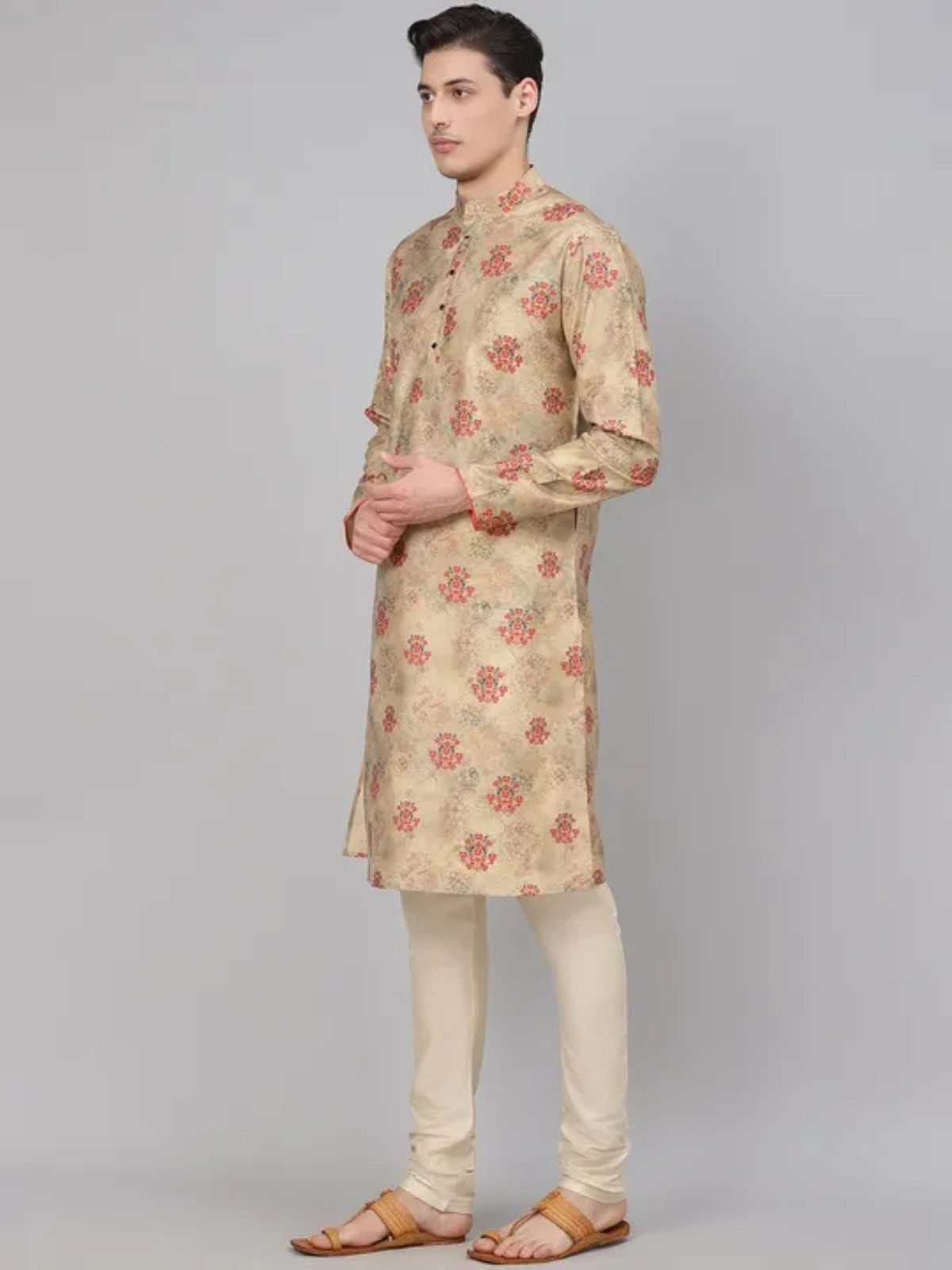 Beige Cotton Kurta Set with Floral Work