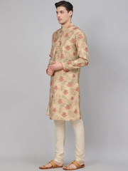 Beige Cotton Kurta Set with Floral Work