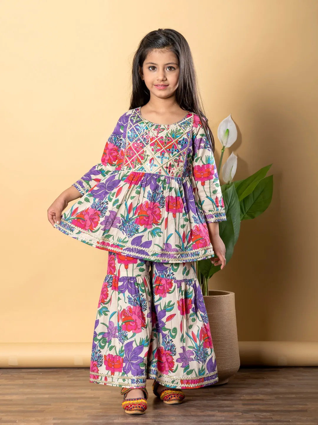 Floral Sibling Twinning Set Vibrant Kurta & Sharara Outfit for Boys and Girls