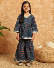 Girls Navy Blue Printed Kurta and Sharara Set with Lace Border