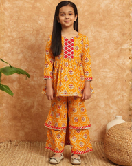 Girls Mustard Yellow Printed Kurta with Tiered Sharara Set