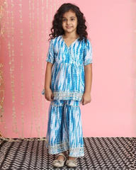 Girls Blue Tie-Dye Peplum Top and Sharara Set with Lace Detailing