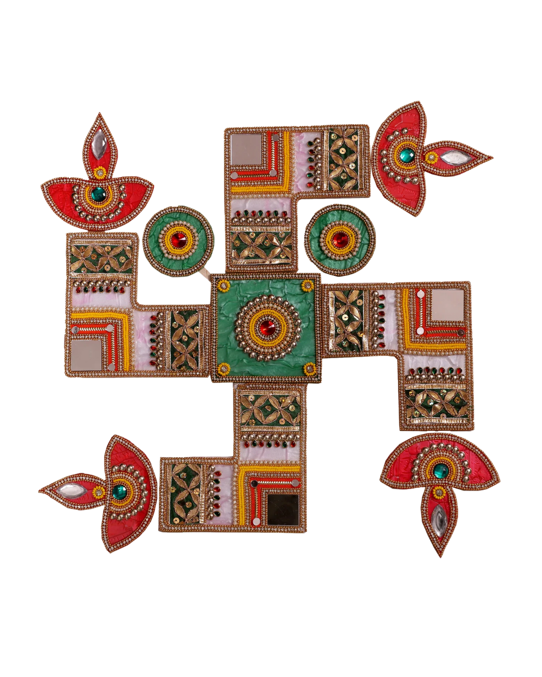 Acrylic Rangoli – Swastik with Diya (White, Orange & Green) with Gold Motif
