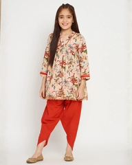 Girls Beige Floral Print Kurta and Red Patiala Set