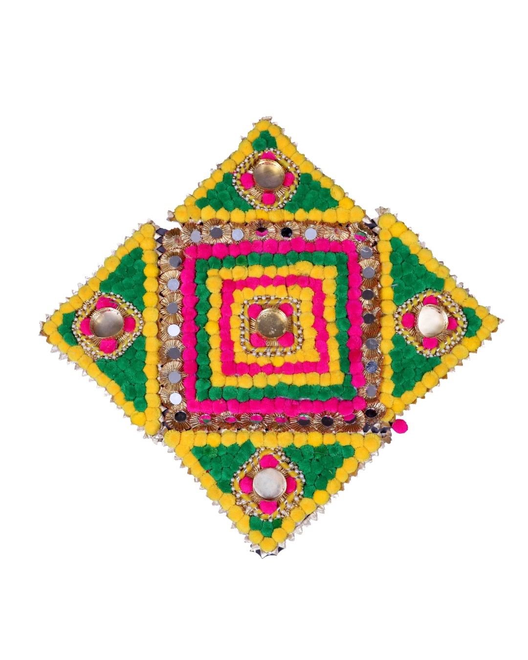 Pom-Pom Rangoli with Tealight Holder – Green, Yellow & Pink (Festive Decor)