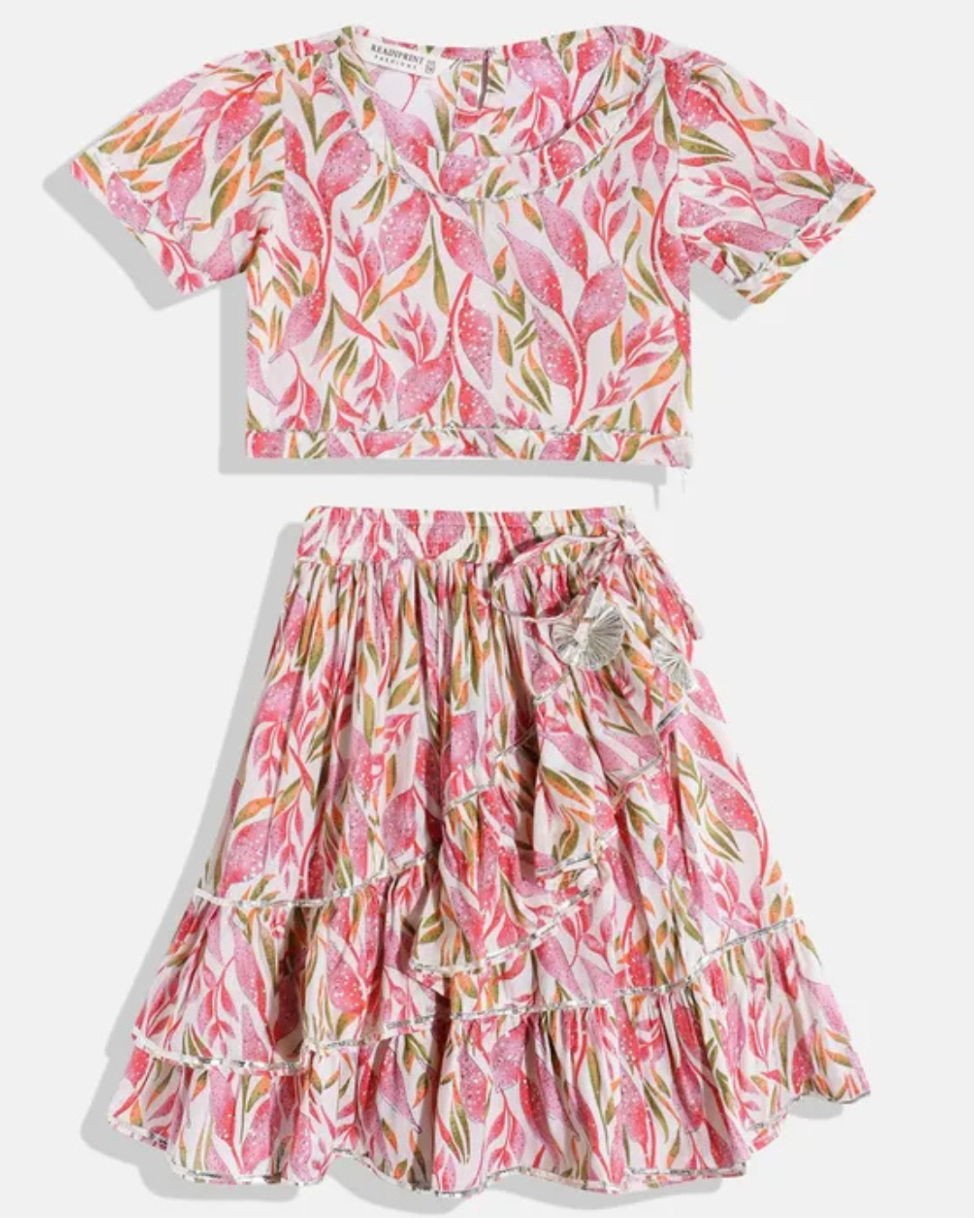 Floral Ruffle Lehenga Choli – Peach & Pink Printed Party Wear