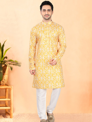 Yellow Dupion Silk Kurta Set with Self Print