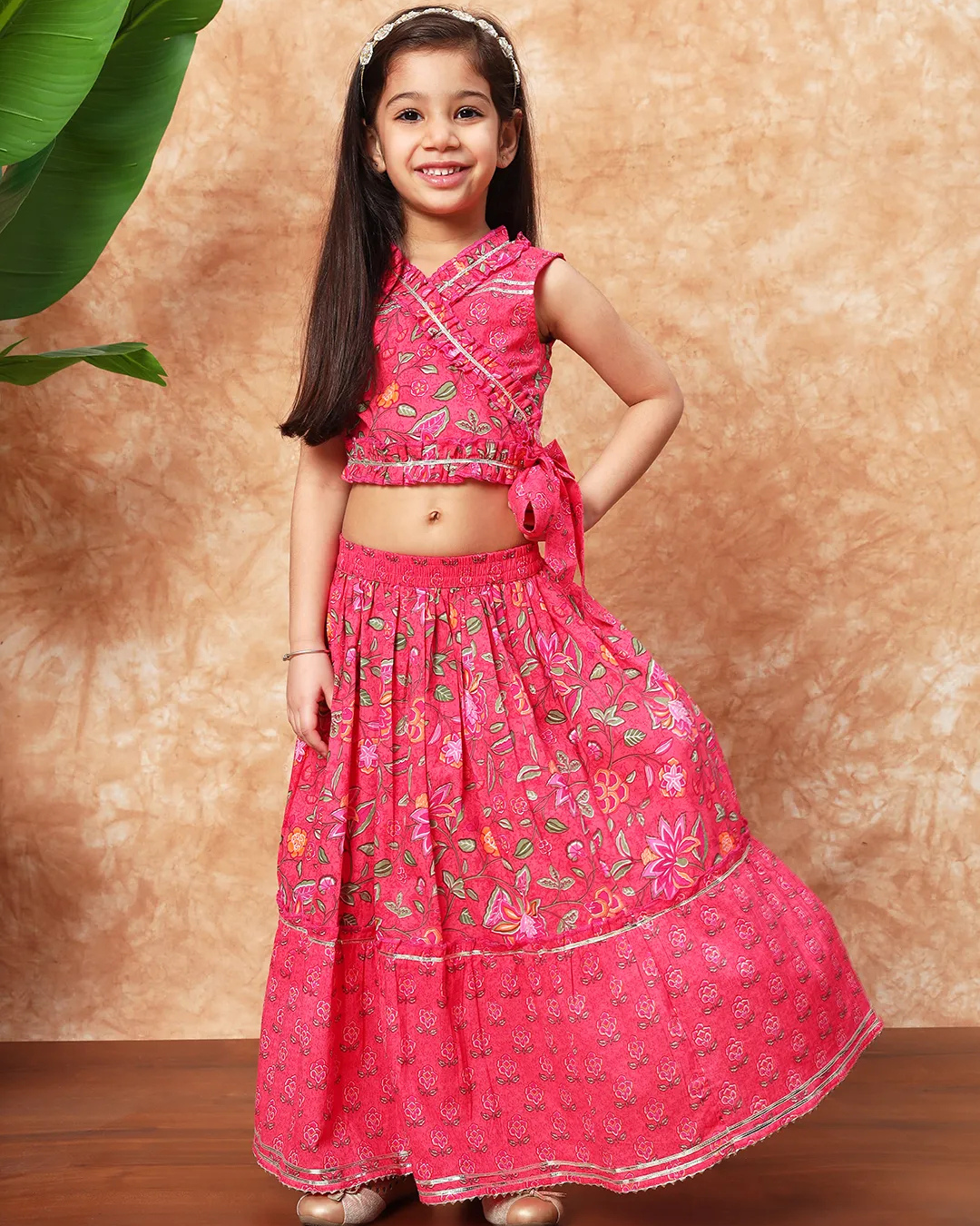 Pink Embroidered Lehenga Choli Set with Wrap Style Top