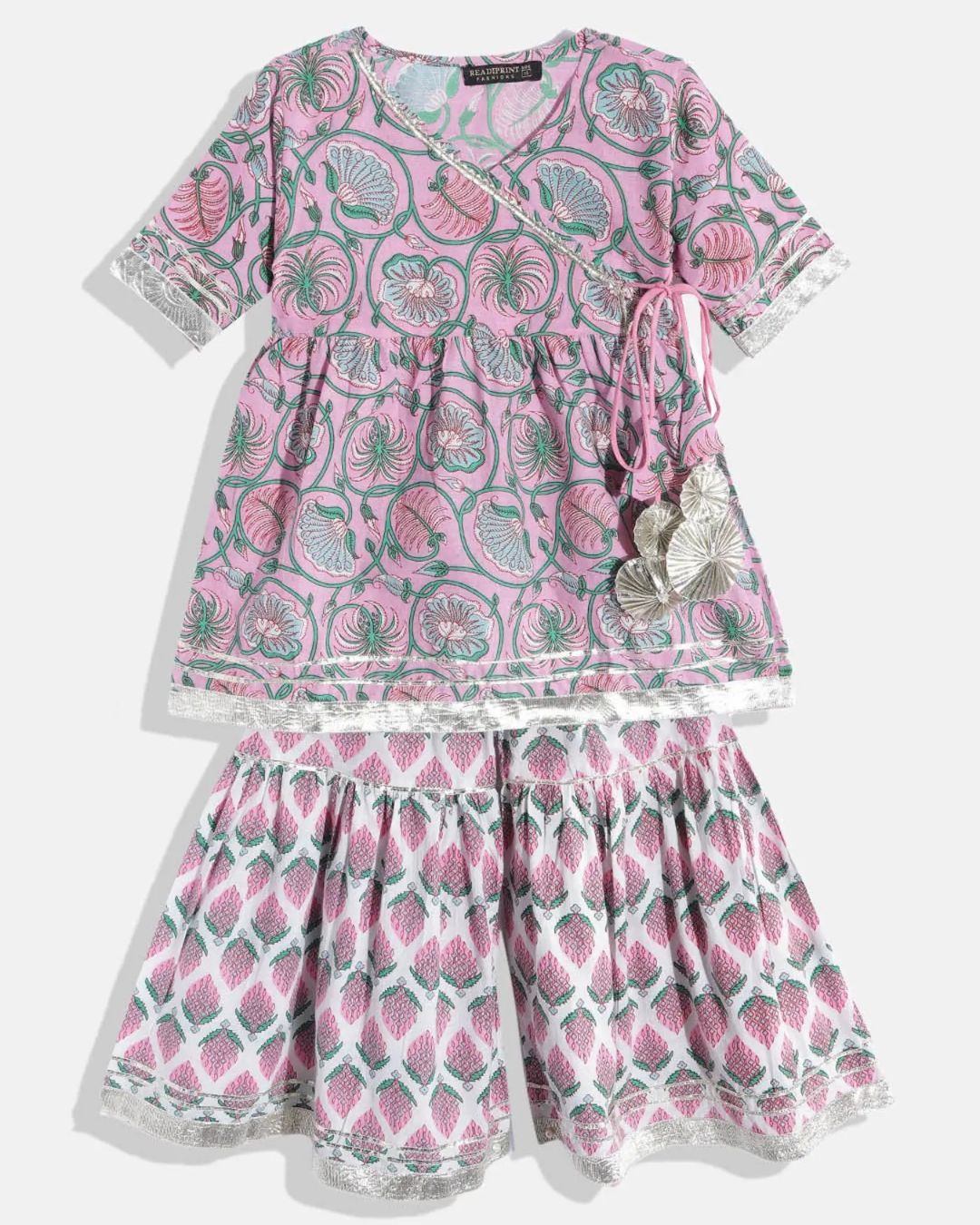 Angarkha Style Pink Floral Kurta with Sharara Pants