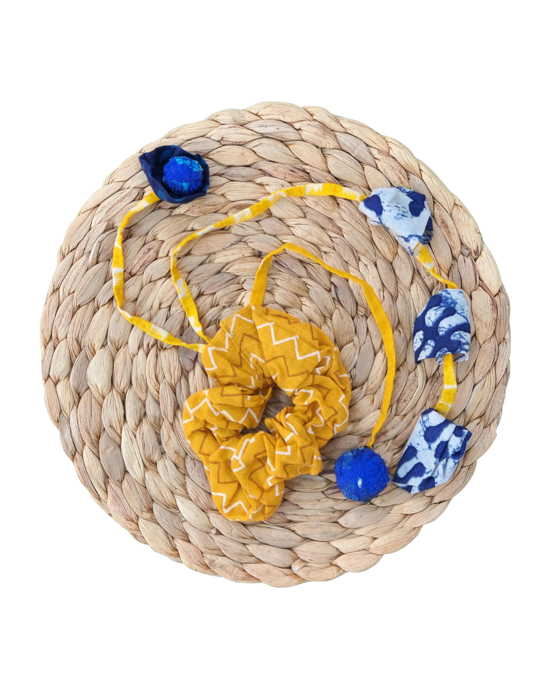 Handmade Fabric Scrunchie – Mustard Yellow & Indigo Blue