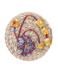 Handmade Fabric Scrunchie – Printed Red, White & Mustard Accents