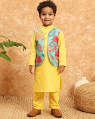 Yellow Cotton Kurta Set with Green Leaf Jacket Boy