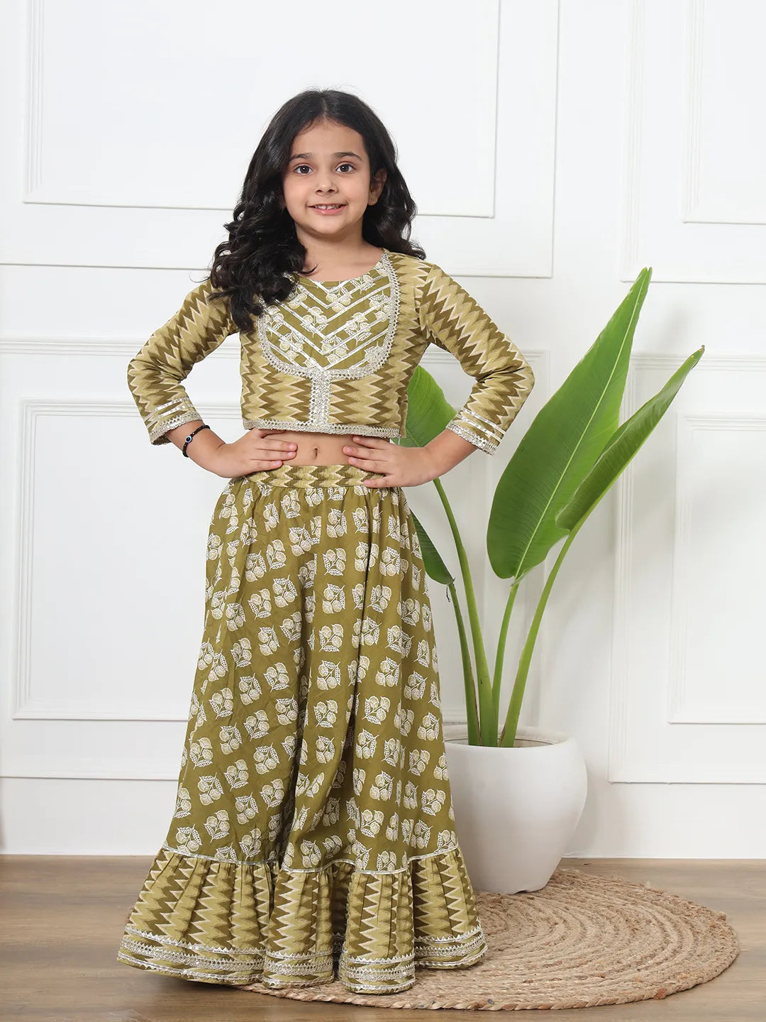 Sibling Twinning Set Olive Green Ethnic Kurta & Gharara Set for Girls and Boy