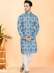Blue Cotton Kurta Set with thin gold Resham Work