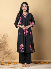 Elegant Black Pink Floral Kurta Set