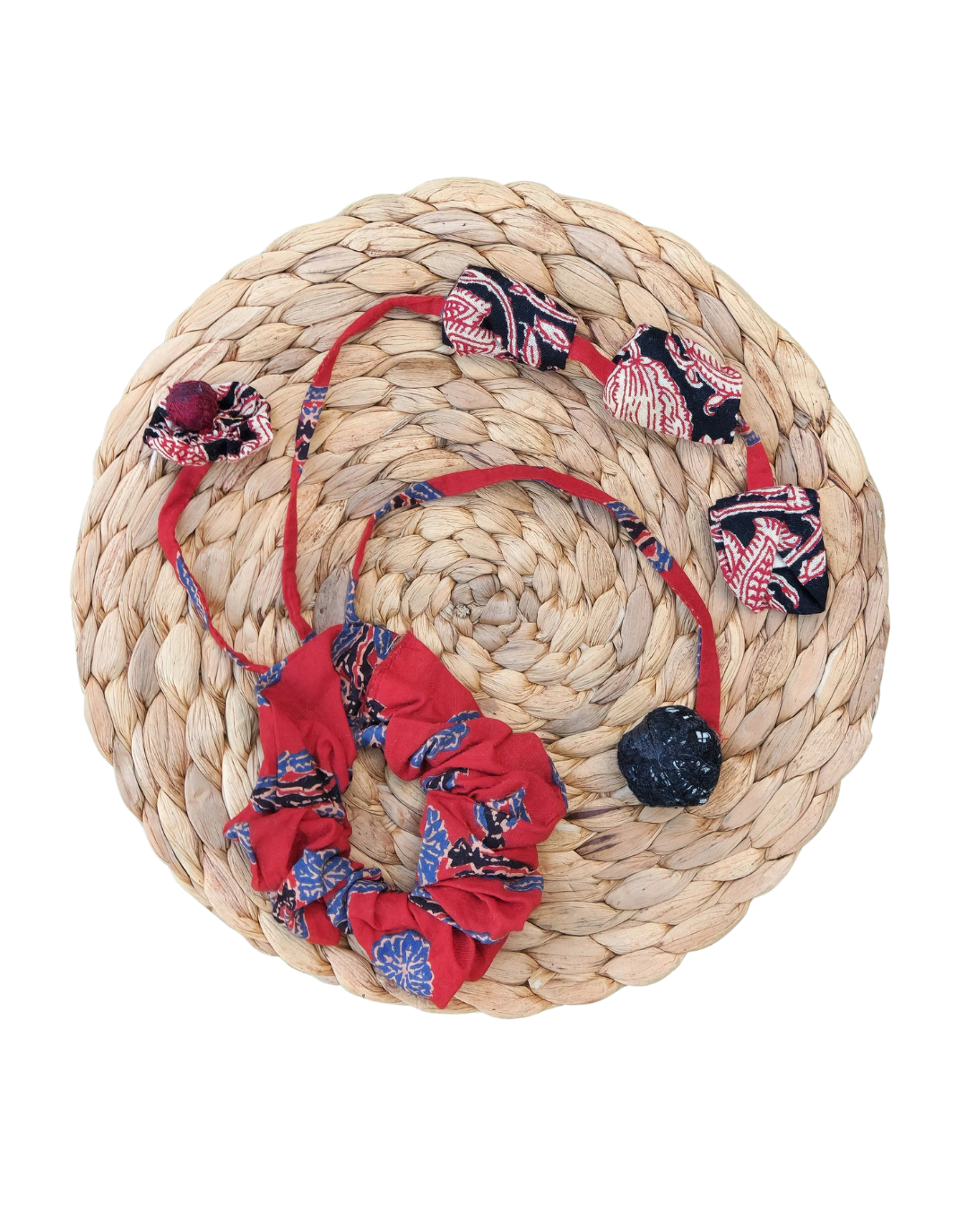 Handmade Red & Black Batik-Inspired Scrunchie – Artisan Elegance