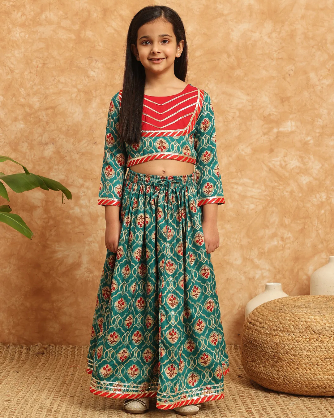Green Red Lehenga with Golden Strips Set Girls