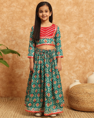 Green Red Lehenga with Golden Strips Set Girls