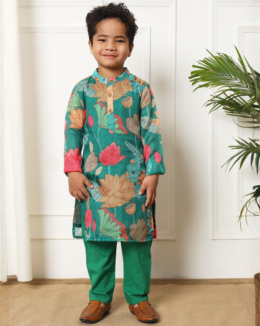 Green Kurta Set with Lotus Flowers Boy