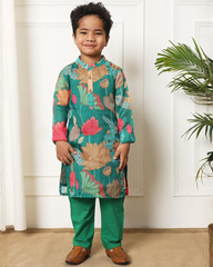 Green Kurta Set with Lotus Flowers Boy
