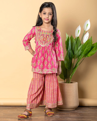 Pink Orange Printed Kurta Sharara Set – Embroidered Neckline