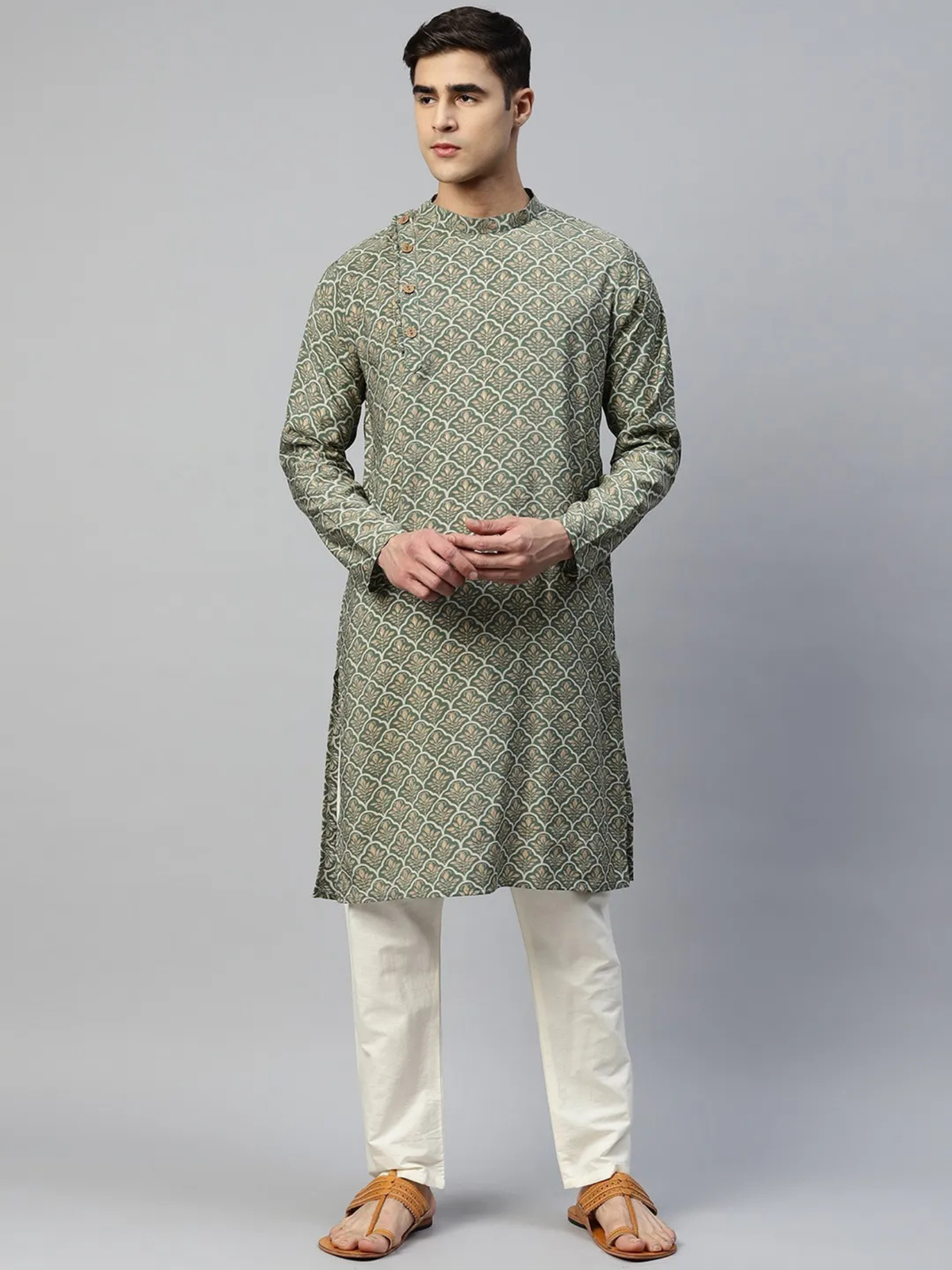 Green Muslin Kurta Set with selfprint deisgn