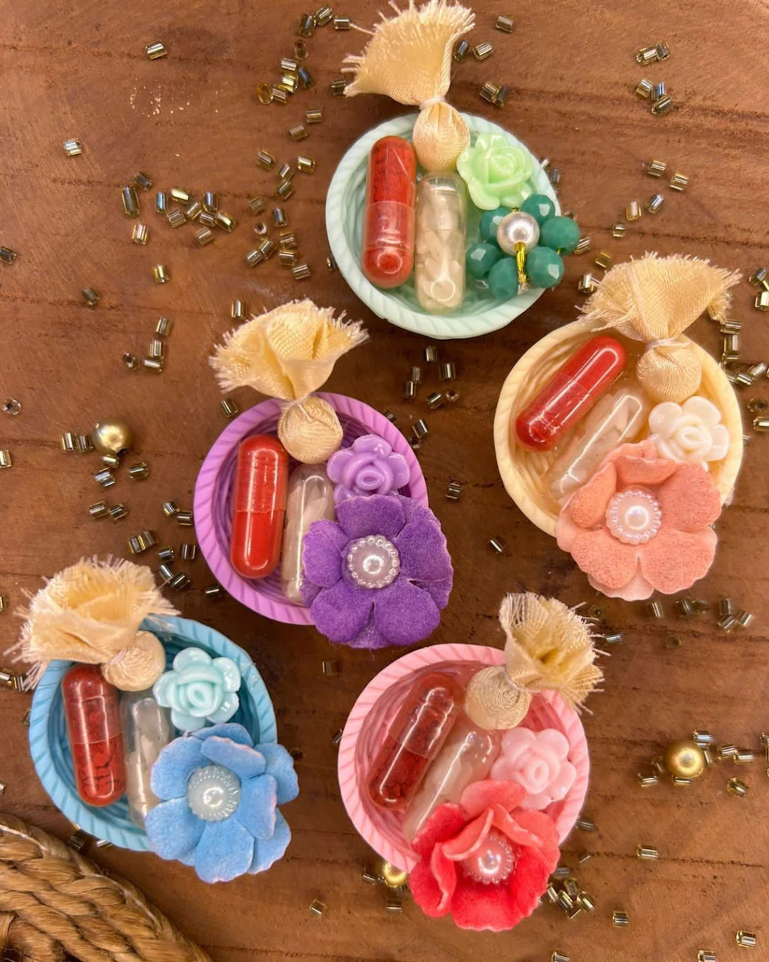 Roli Chawal in Mini Basket with Glass Bottles Kumkum