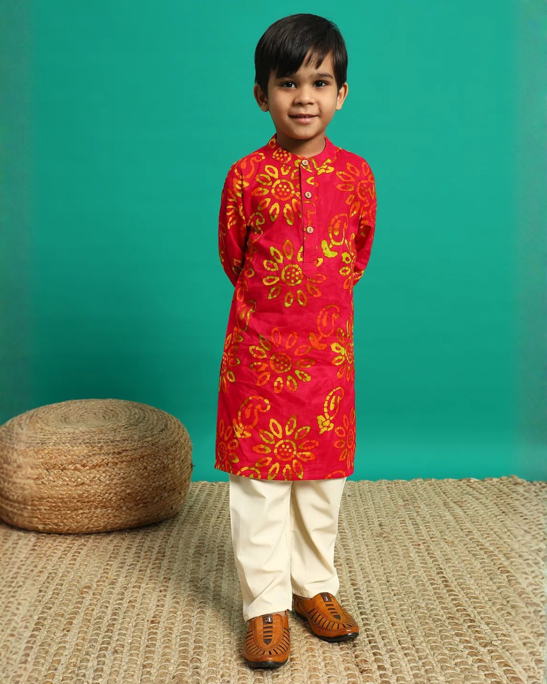 Yellow Baatik Print Orange Kurta with Off White Pants