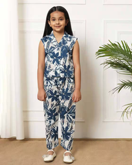 Sleeveless Blue White Floral Cotton Coord Set