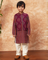Maroon Striped Cotton Kurta with Printed Jacket and Off White Pants