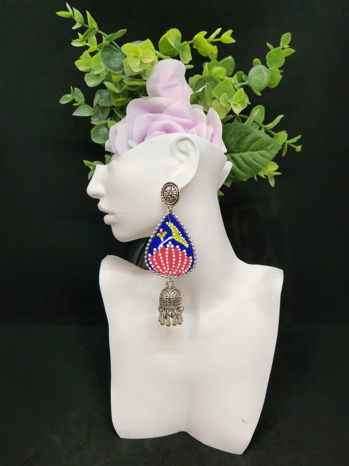 Beautiful Blue Pink Lotus print with Bell Earrings