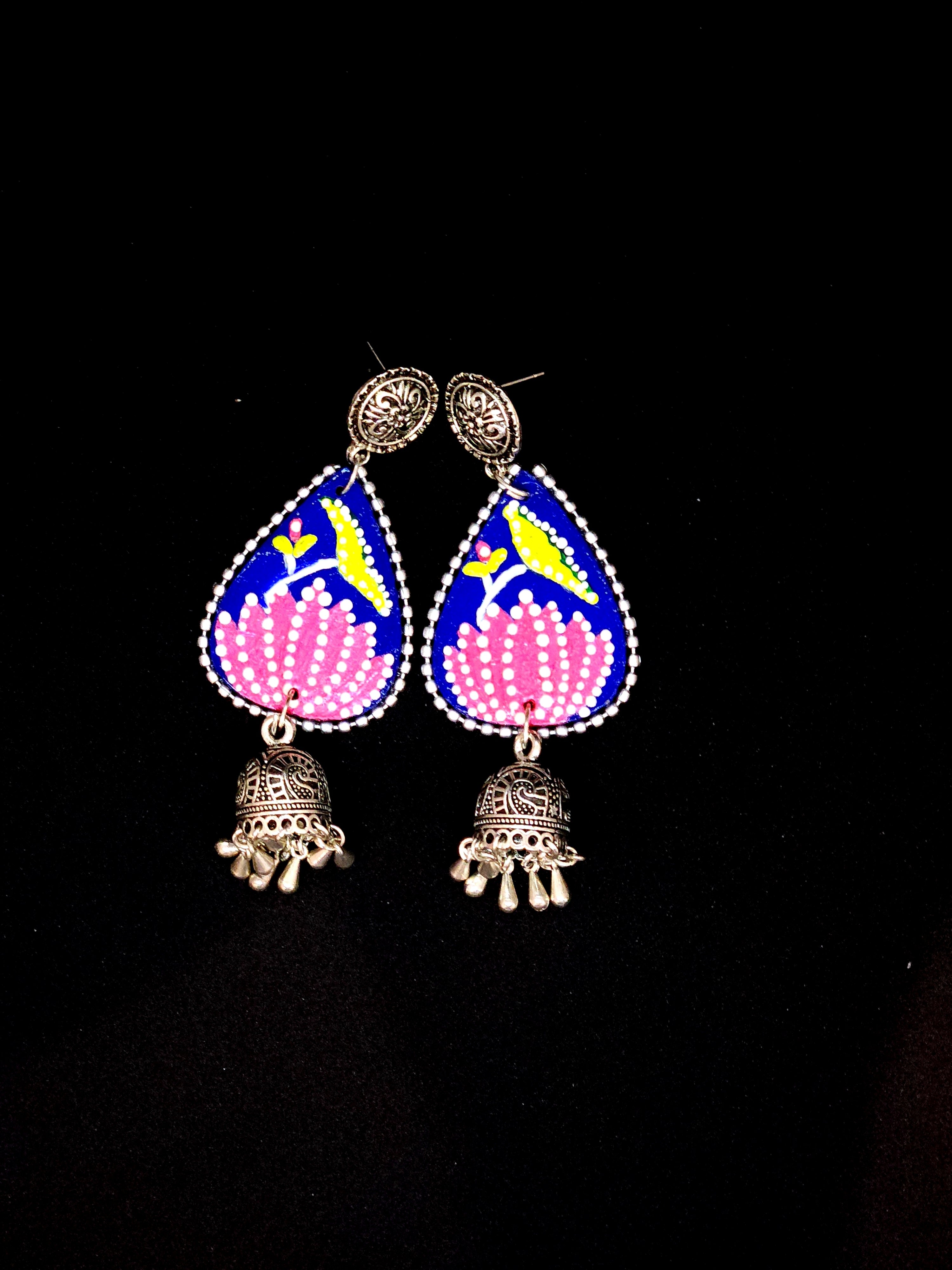 Beautiful Blue Pink Lotus print with Bell Earrings