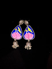 Beautiful Blue Pink Lotus print with Bell Earrings