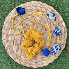 Handmade Fabric Scrunchie – Mustard Yellow & Indigo Blue