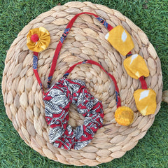 Handmade Fabric Scrunchie – Printed Red, White & Mustard Accents