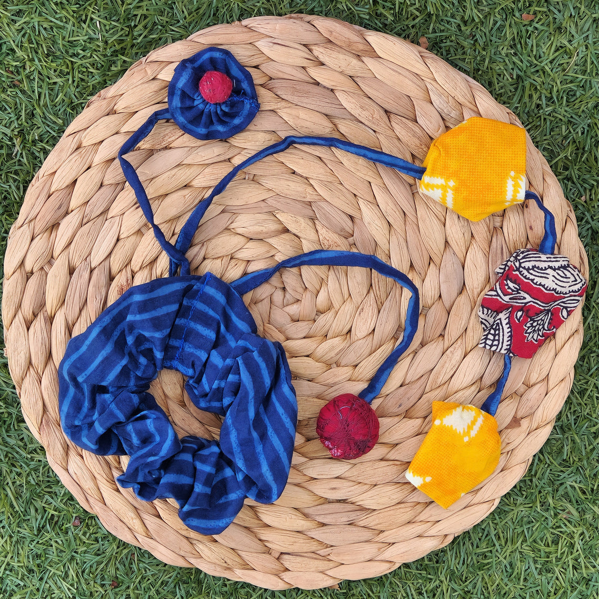 Handmade Navy & Multicolor Scrunchie – Vibrant, Versatile & Sustainable