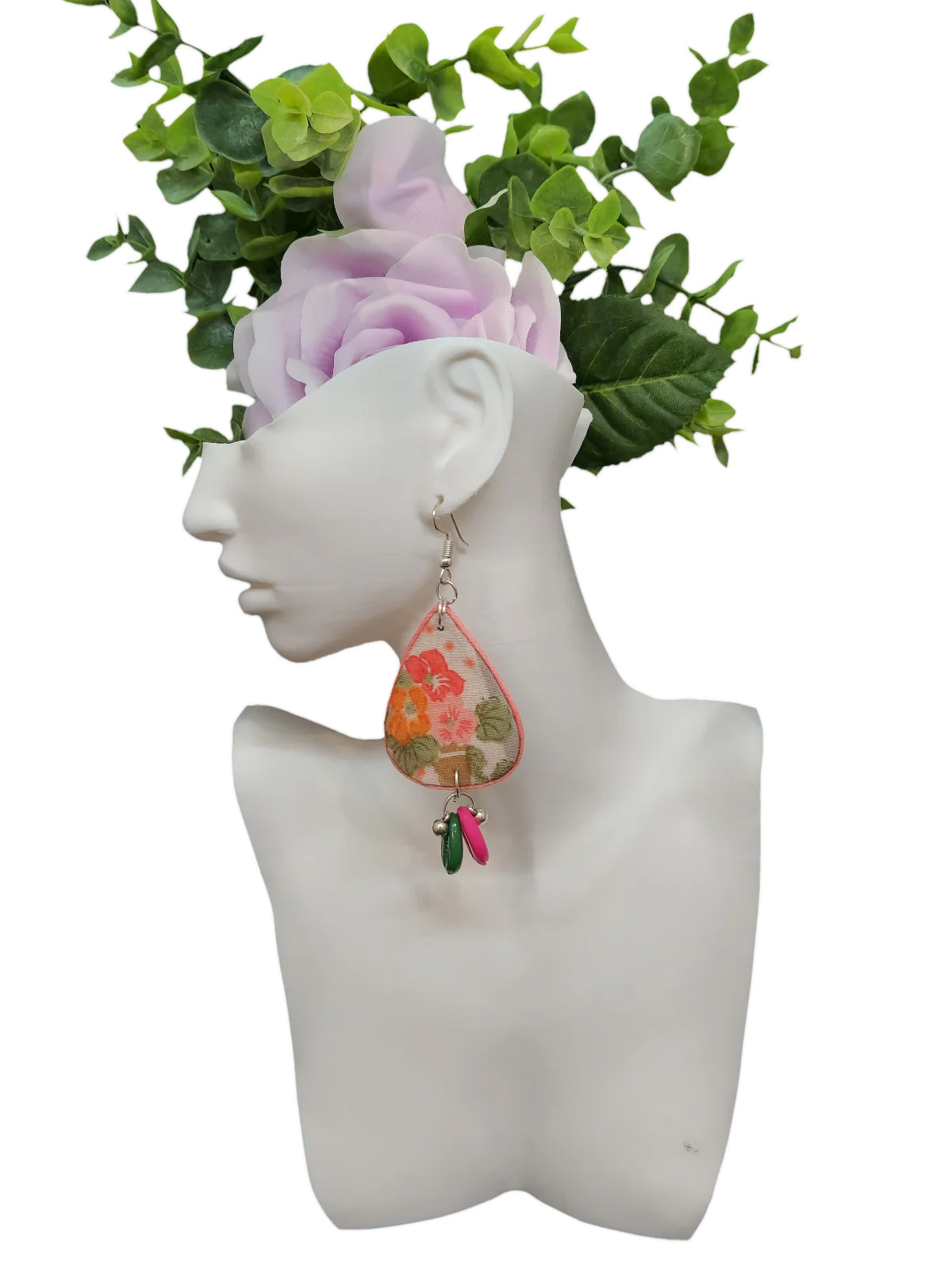 Artistic Pink Green Fabric Earrings