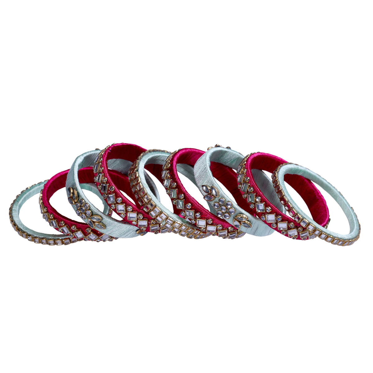 Rani Pink Mint Silk Thread Embellished Bangle Set