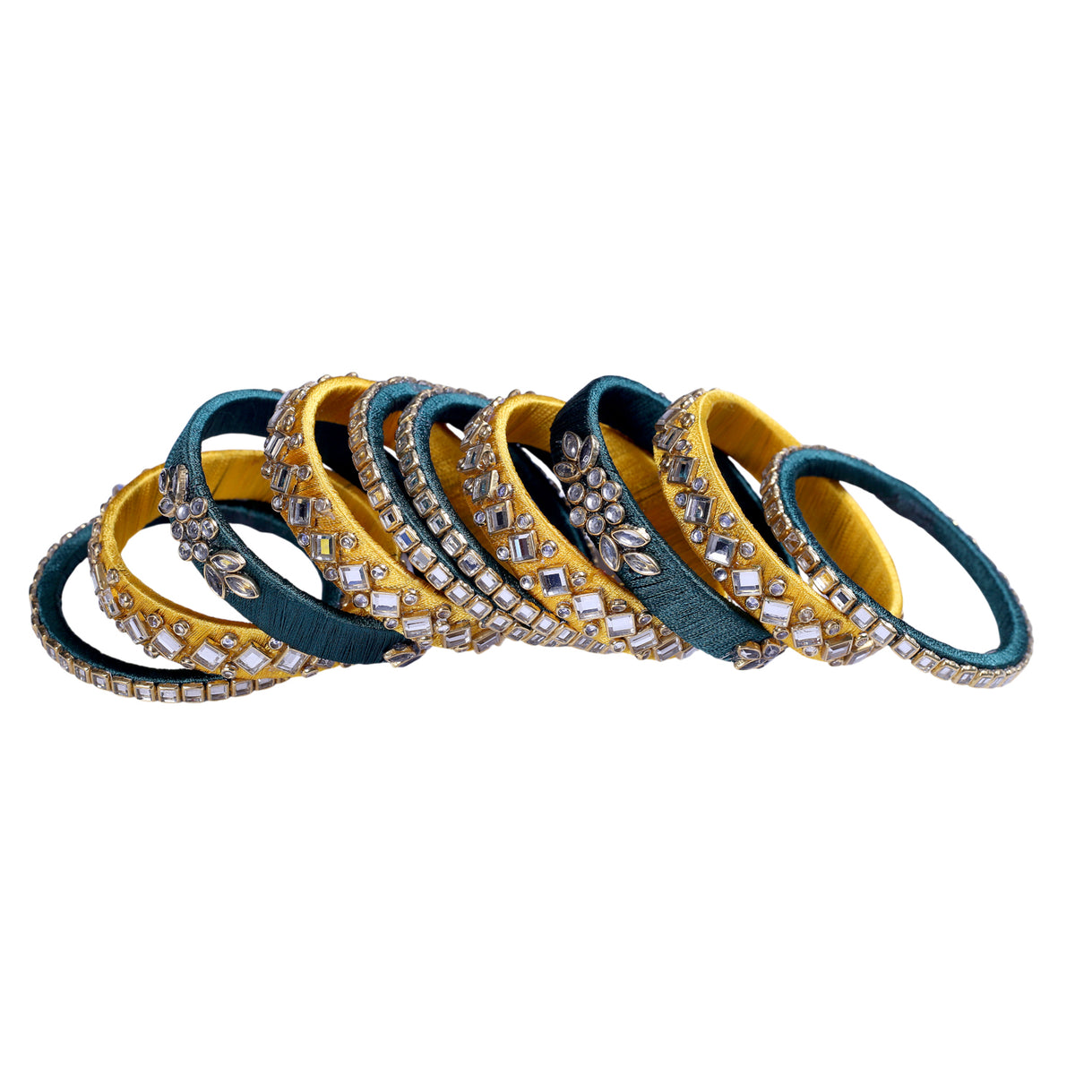 Mustard & Bottle Green Silk Thread Embellished Bangle Set