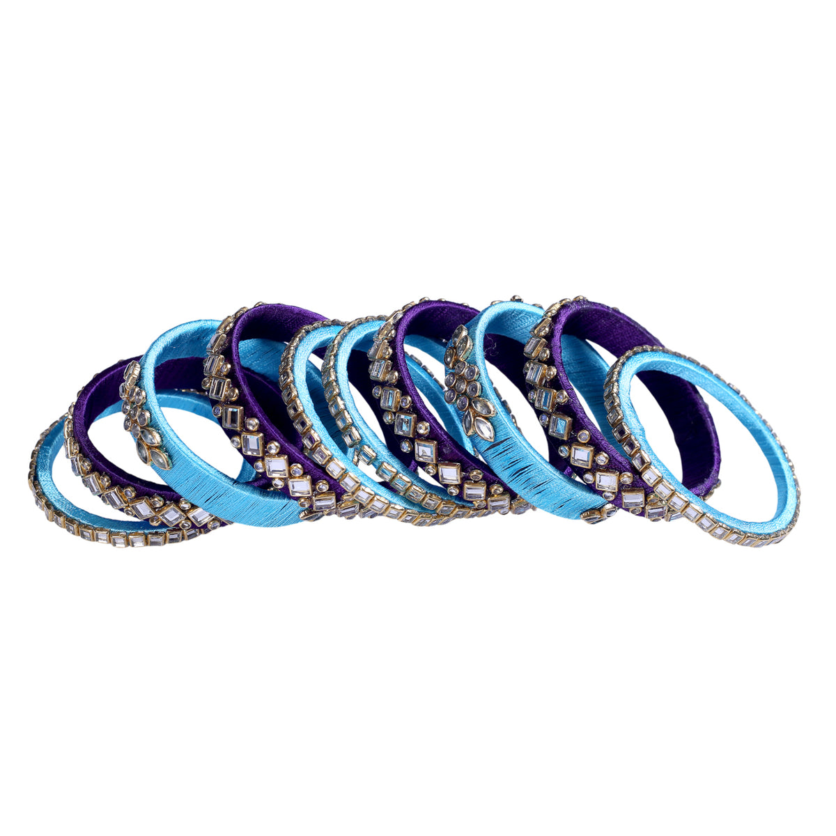 Sky Blue and Purple Silk Thread Embellished Bangle Set