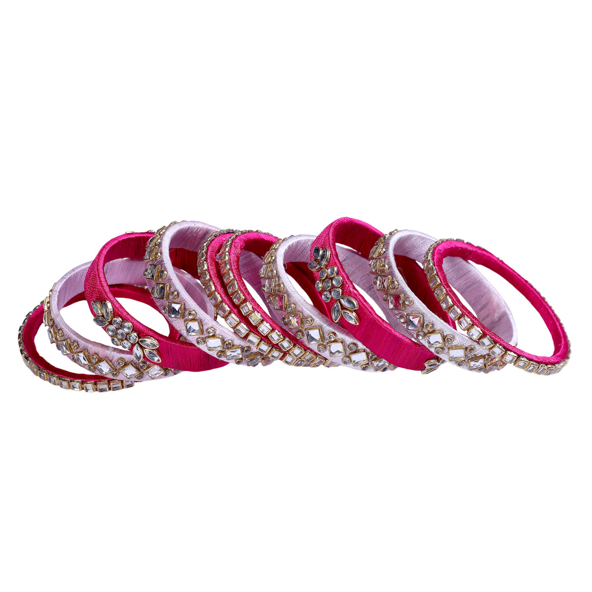 Fuchsia Pink & Pastel Lilac Silk Thread Embellished Bangle Set