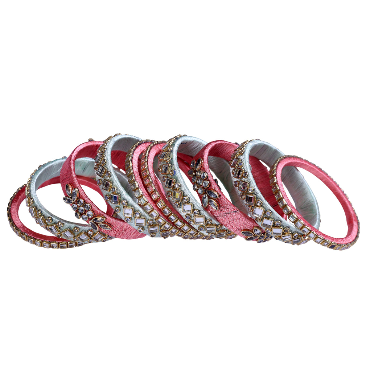 Blush Coral & Mint Green Silk Thread Embellished Bangle Set
