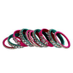 Rani Pink and Green Silk Thread Embellished Bangle Set