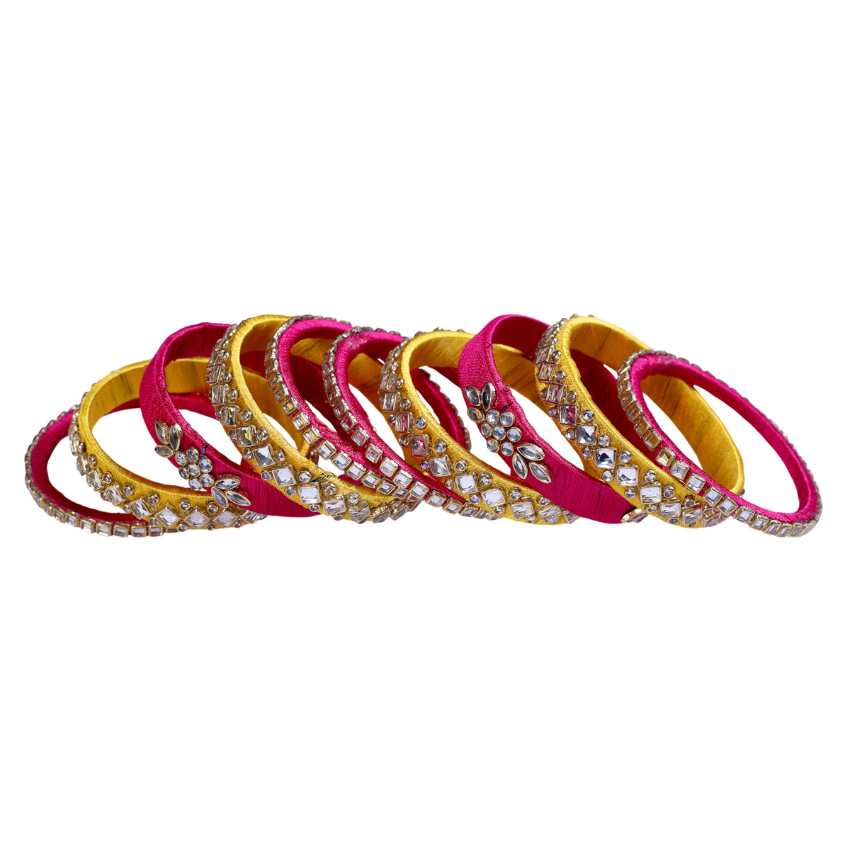 Rani Pink and Yellow Silk Thread Embellished Bangle Set