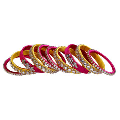 Rani Pink and Yellow Silk Thread Embellished Bangle Set