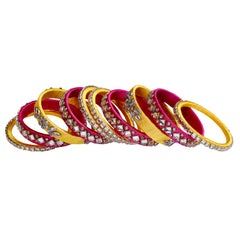 Rani Pink & Mustard Yellow Silk Thread Embellished Bangle Set