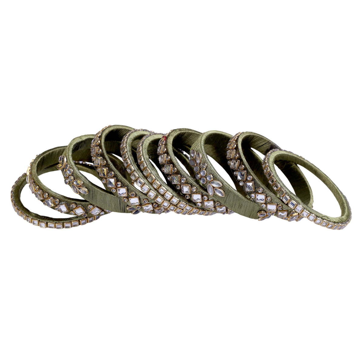 Olive Green Silk Thread Embellished Bangle Set