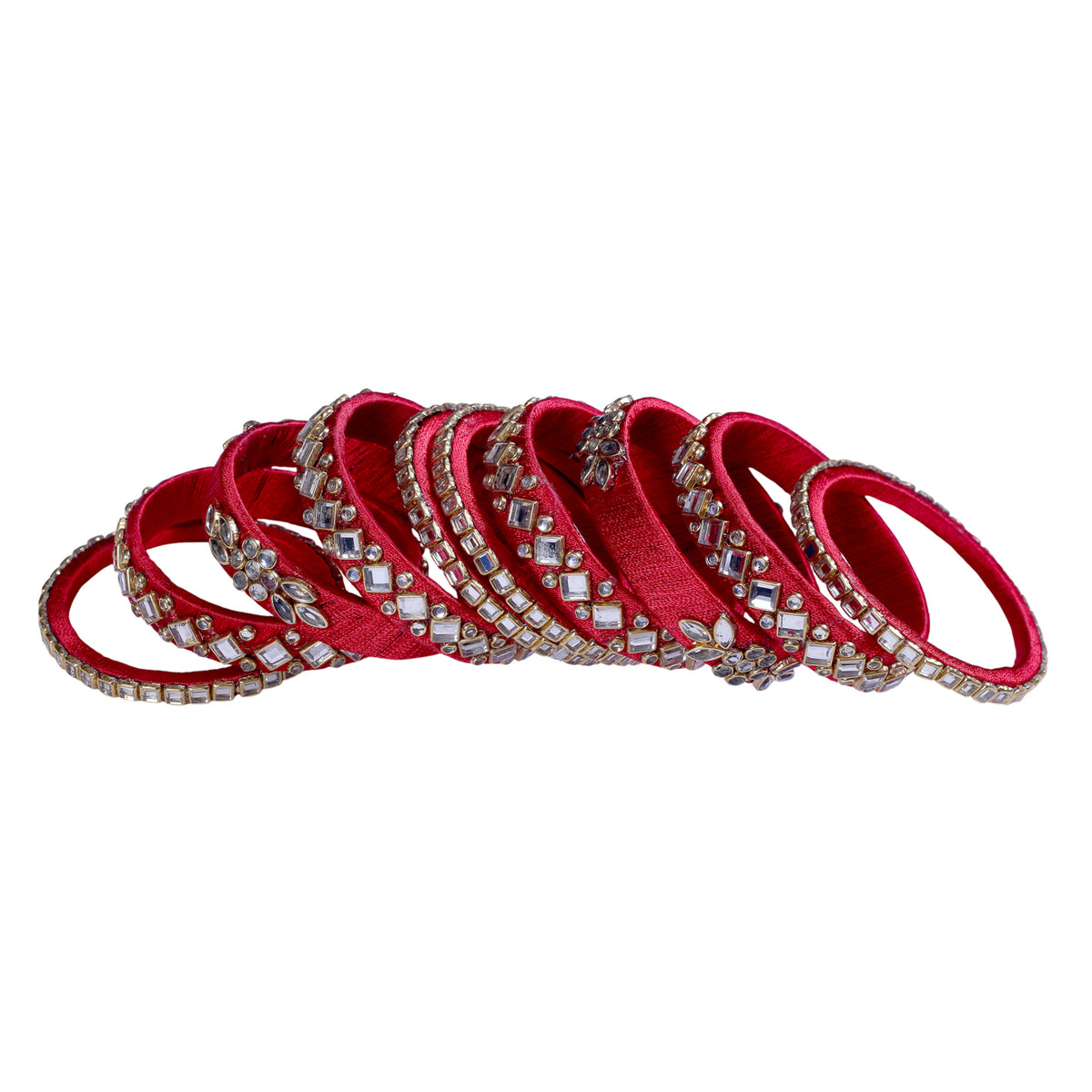 Hot Red Silk Thread Embellished Bangle Set